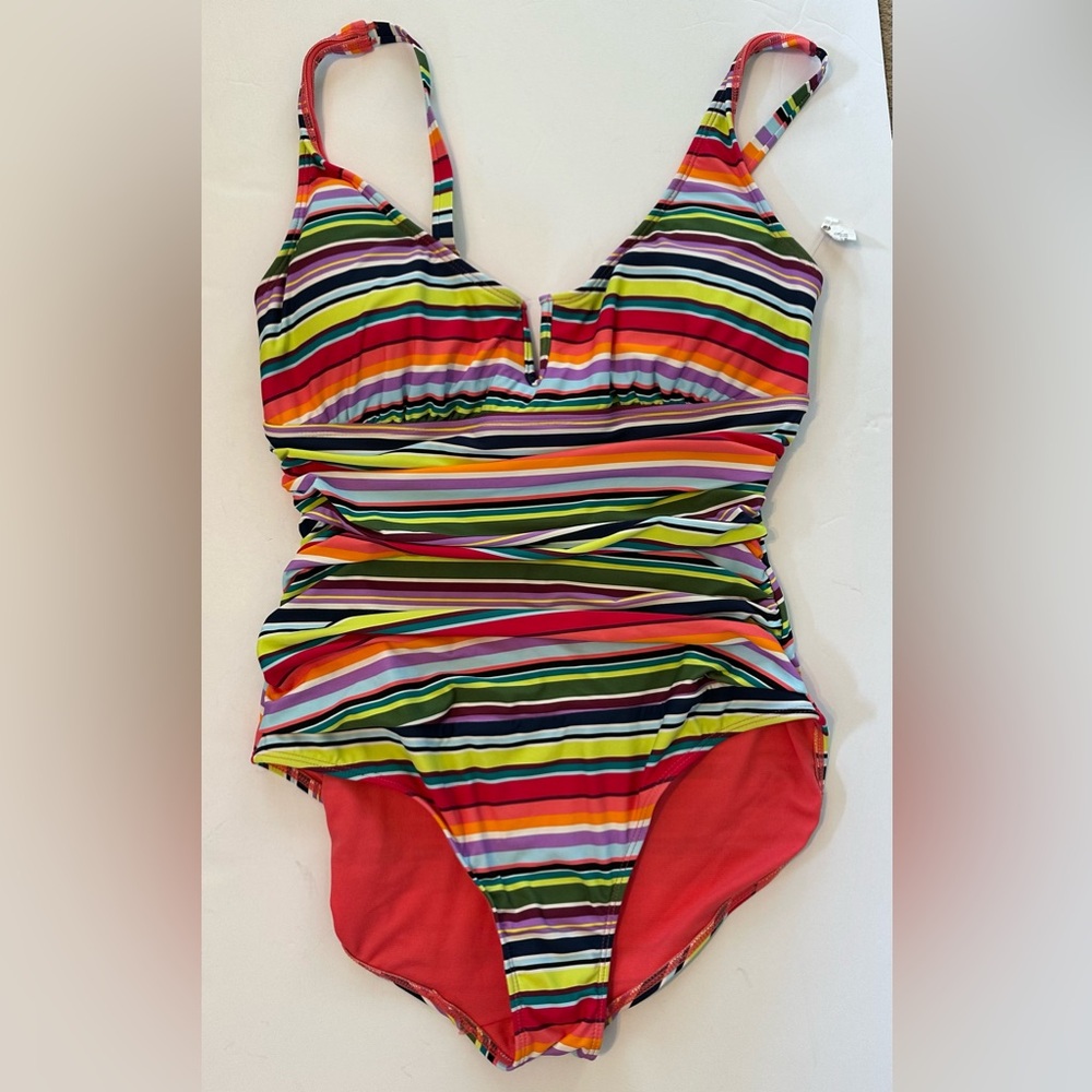 Catalina One Piece Rainbow Striped Ruching Adjustable Straps Size M NWT